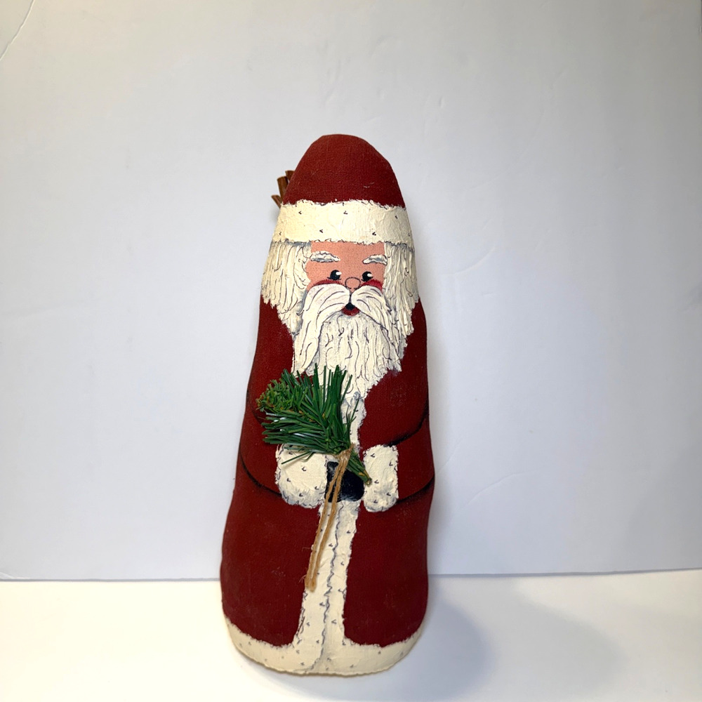 VTG Signed Sherry Thies 1989 Primitive Canvas Cone Santa Folk Art Figurine